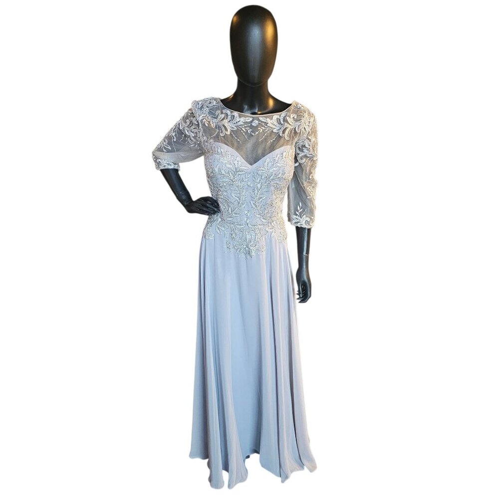 Silver Long Sleeve Illusion Bodice Maxi Formal Evening Gown - Madaline Gardner N